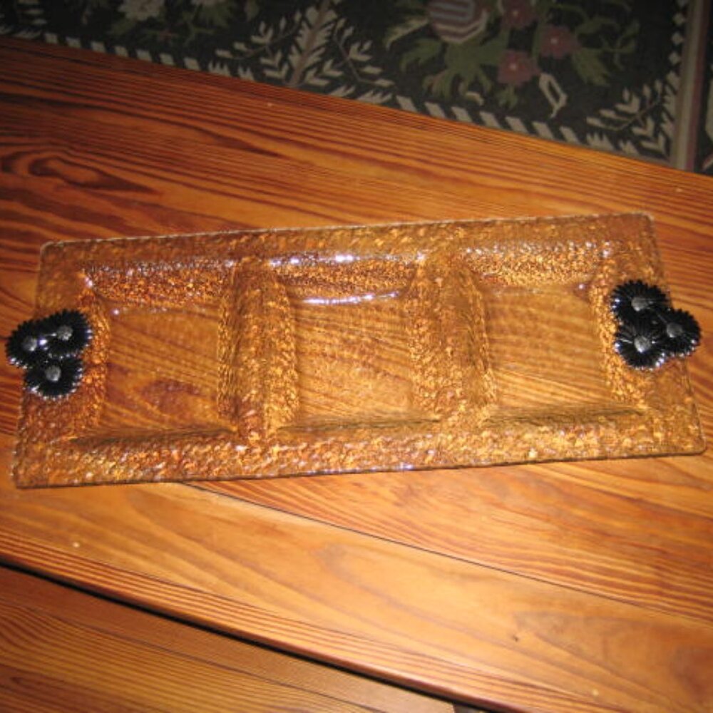 Thirstystone 3 Section Hammered Glass Pewter Handles Tray Daisy 22" Excellent